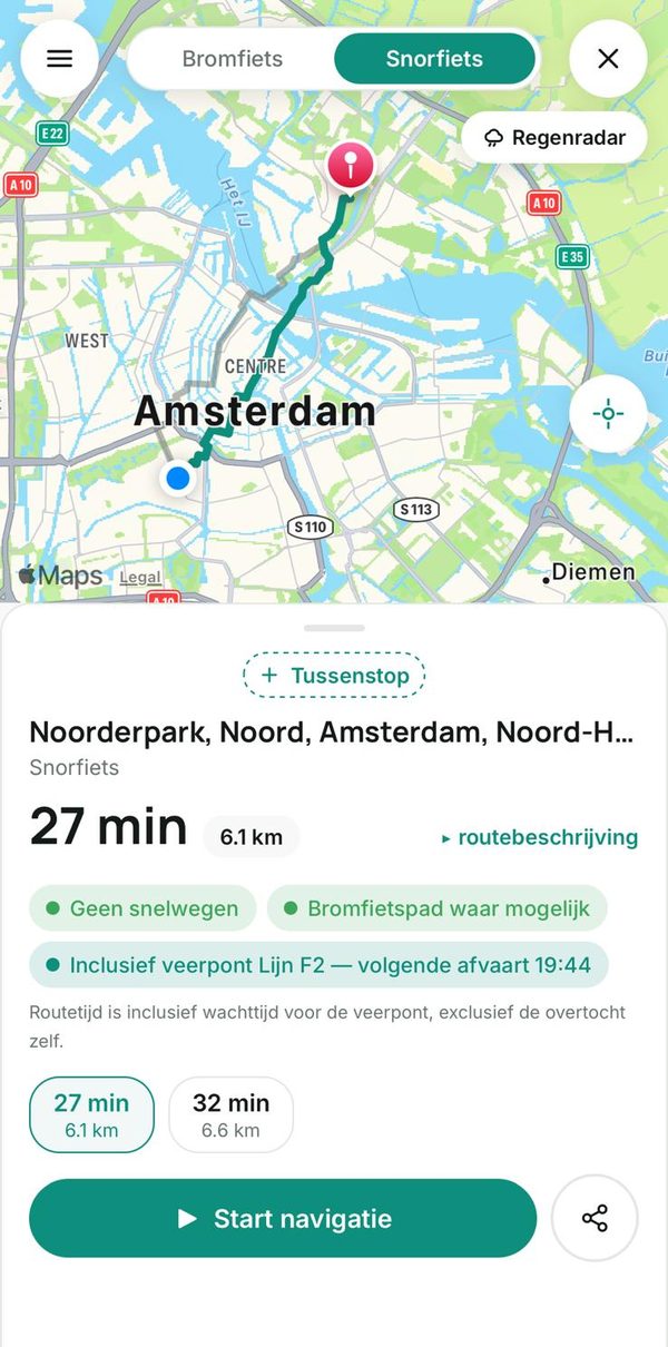 Routevoorbeeld met alternatieven, tijd/afstand-pills en veerdienst-chip