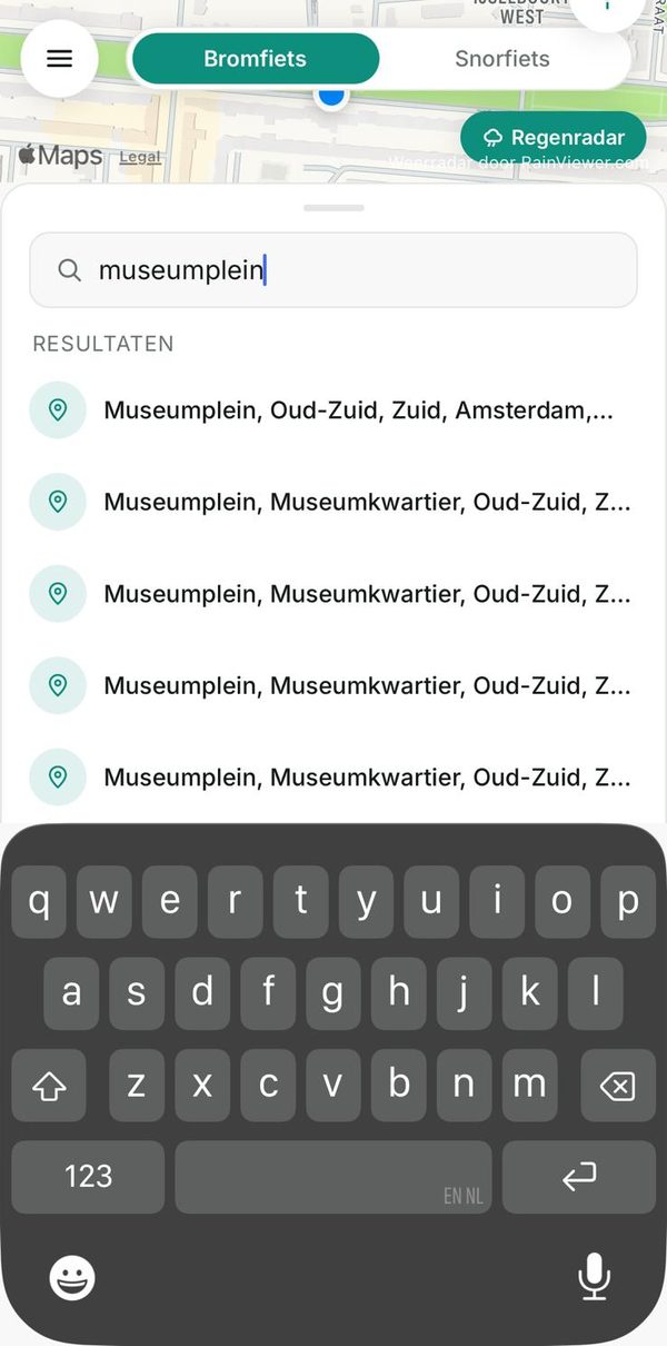 Zoekscherm met adresresultaten en recente bestemmingen